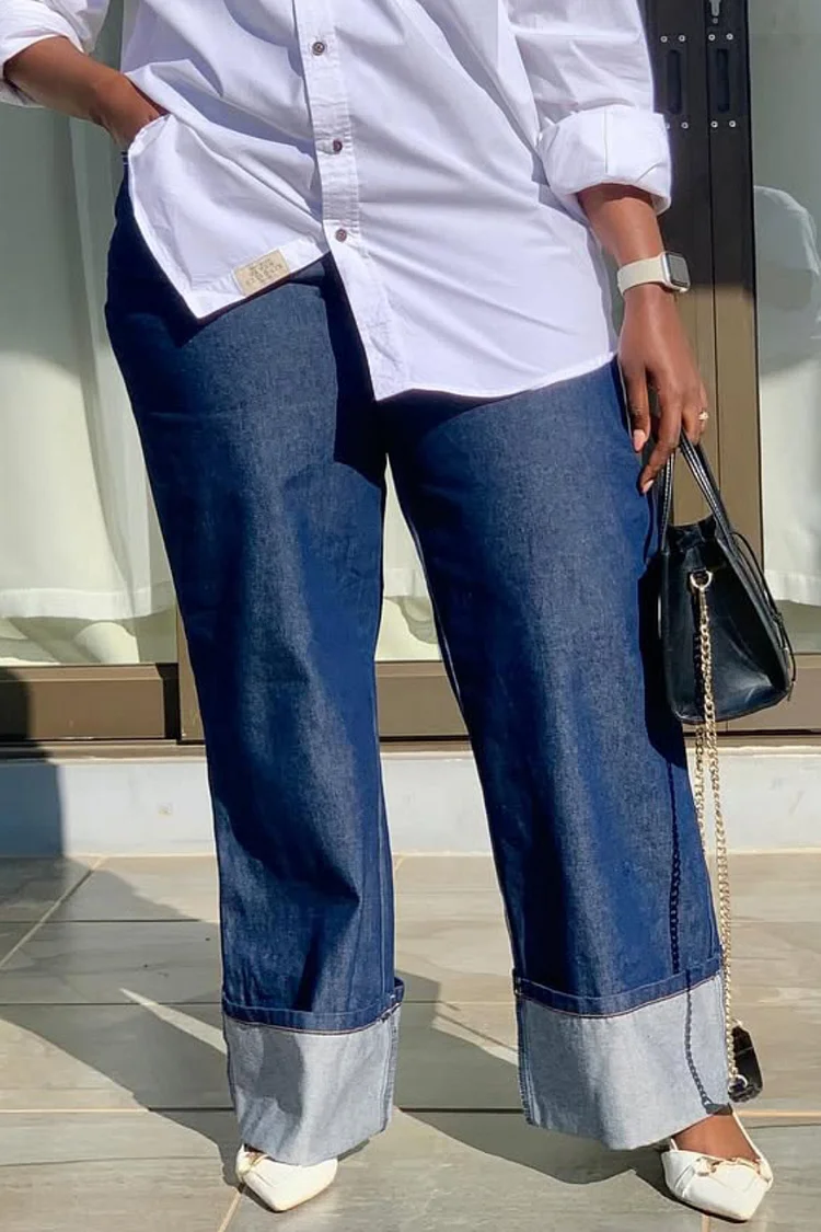 Plus Size Business Casual Blue Pocket Casual Contrast Denim Jeans [Pre-Order] 2024 - Xpluswear