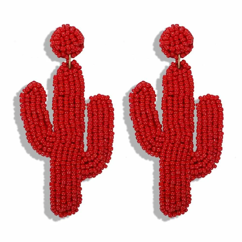 Dvacaman INS Fashion Green Color Beaded Cactus Drop Earrings for Women Boho Weave Rattan Cactus Round Earrings Statement Jewelry