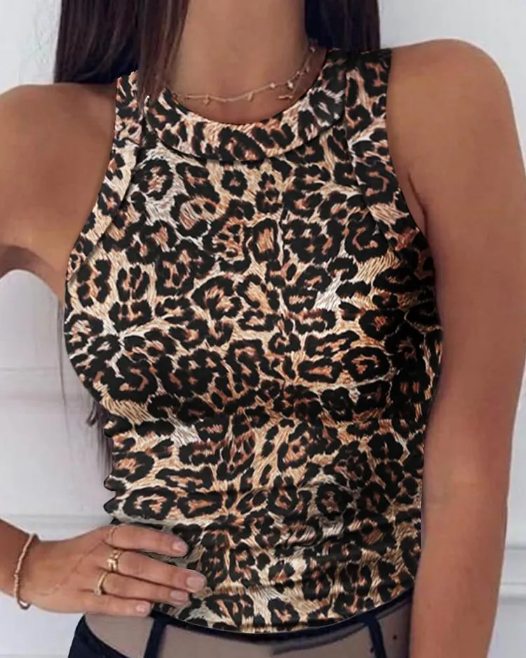 Leopard Print Round Neck Tank Top