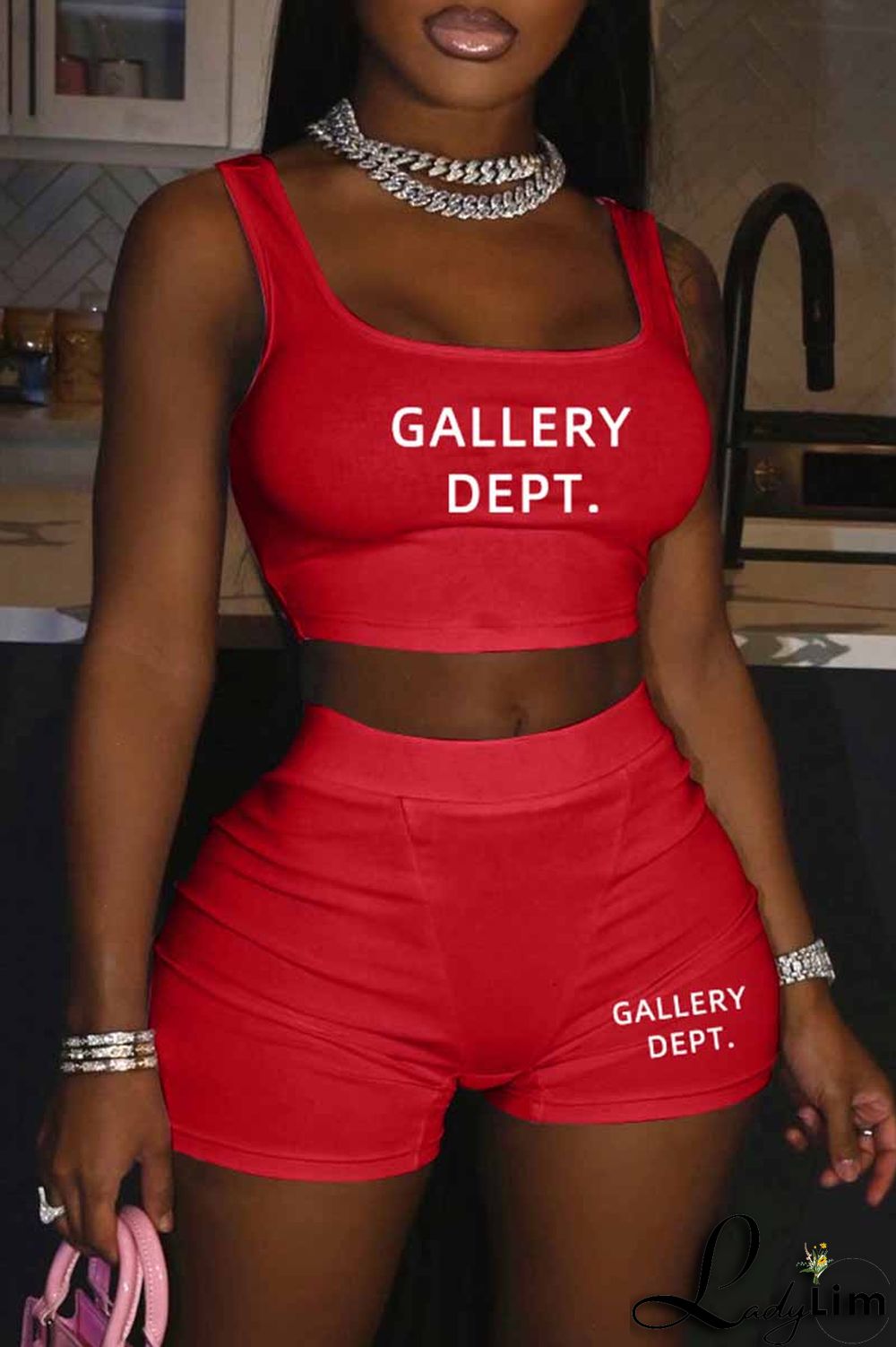 Light Blue Street Print Letter U Neck Sleeveless Two Pieces