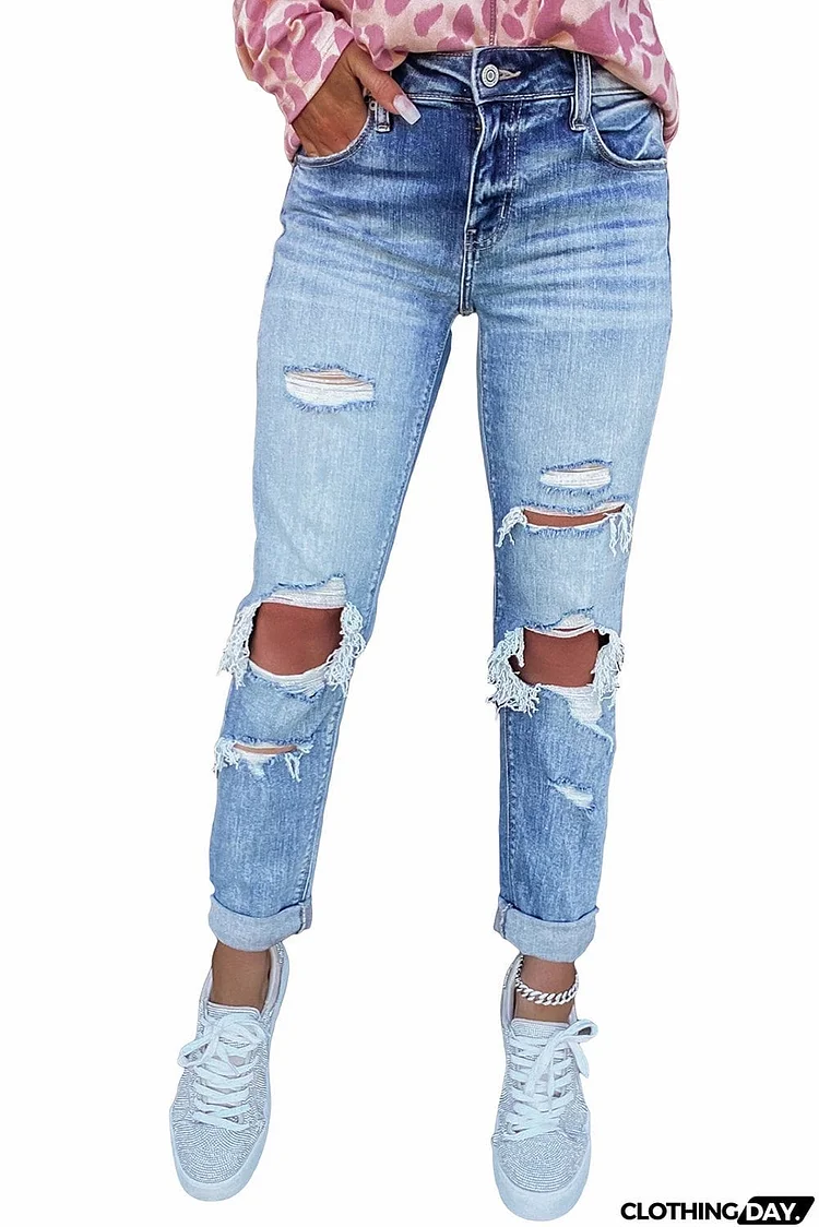 Distressed Detail Straight Jeans