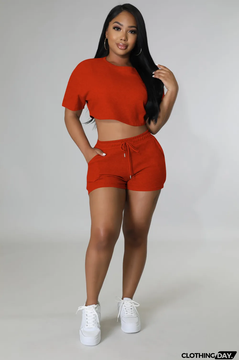 Short Sleeve Solid Crop Tops And Shorts 2 Piece Set