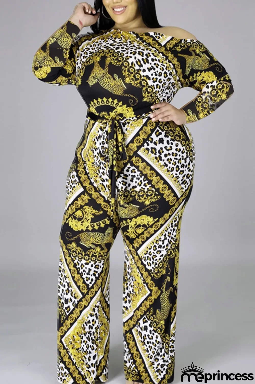 Yellow Casual Knitting Print Split Joint Oblique Collar Regular Plus Size Jumpsuits