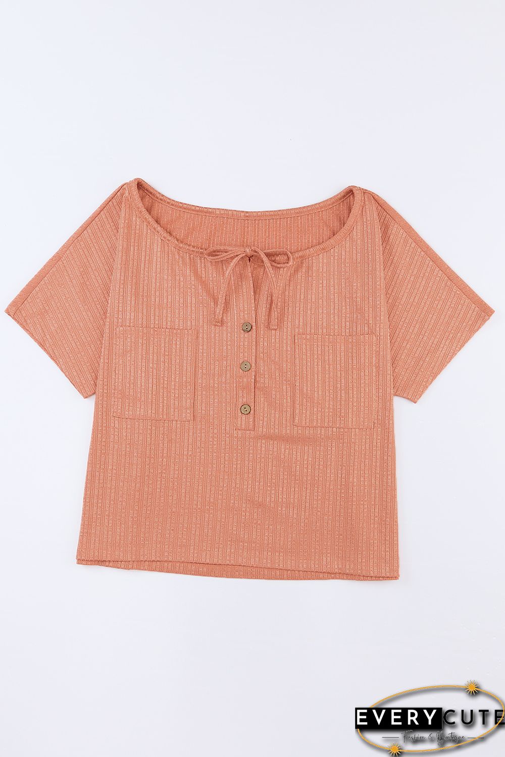 Orange Notched V Neck Buttoned Front Textured Loose Top