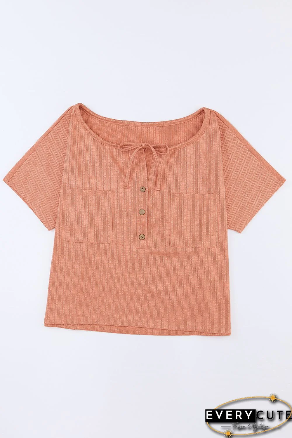 Orange Notched V Neck Buttoned Front Textured Loose Top