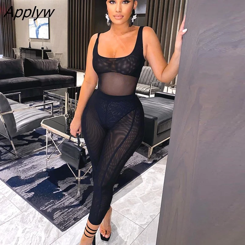 Applyw Simenual Black Set of Two Fashion Pieces for Women Sexy Square Collar Tank Bodysuit High Waist See Through Mesh Patchwork Pants