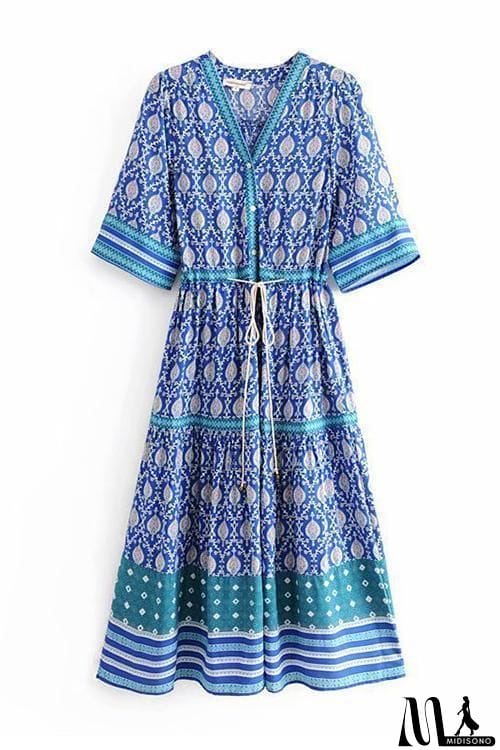 MidiSono - Print V Neck Short Sleeve Maxi Dress