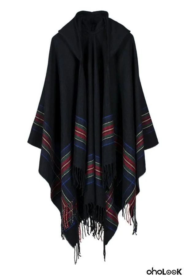 Color strip jacquard warm extended fashion hooded cloak