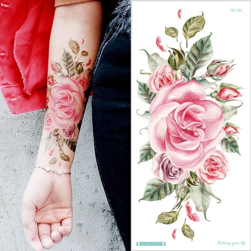 Waterproof Temporary Tattoo Sticker Rose Flowers Leave Flash Tattoos Body Art Arm Fake Sleeve Tatoo Black Women Girls Wrist