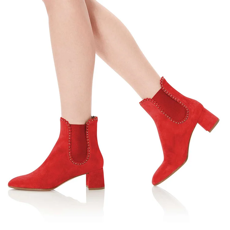 Red Suede Studs Chelsea Boots Chunky Heel Ankle Boots |FSJ Shoes