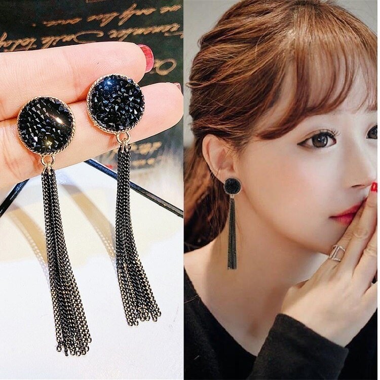 UsmallLifes King Women Trendy  Black Long Tassel Earrings Temperament Versatile Round Chain Ear Stud US Mall Lifes