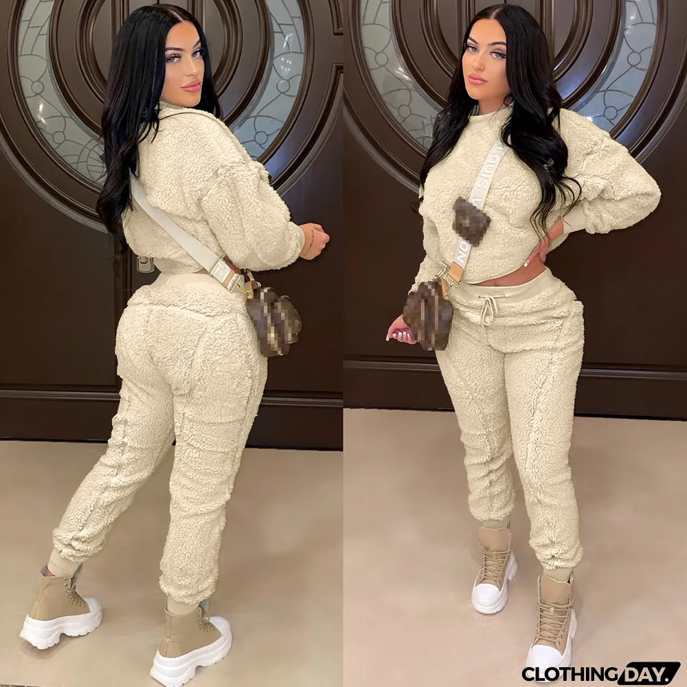 Casual Plus Velvet Solid Color Two-piece Suit