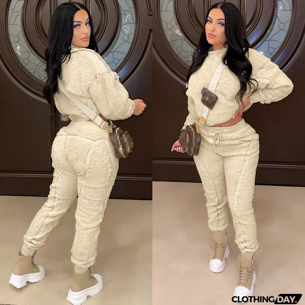 Casual Plus Velvet Solid Color Two-piece Suit