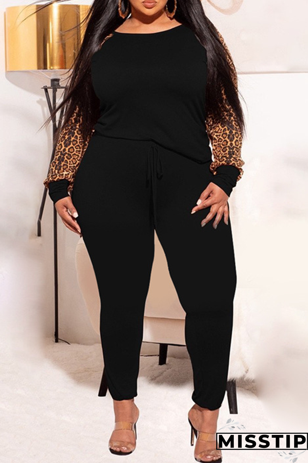 Earth Yellow Casual Leopard Patchwork O Neck Plus Size Two Pieces