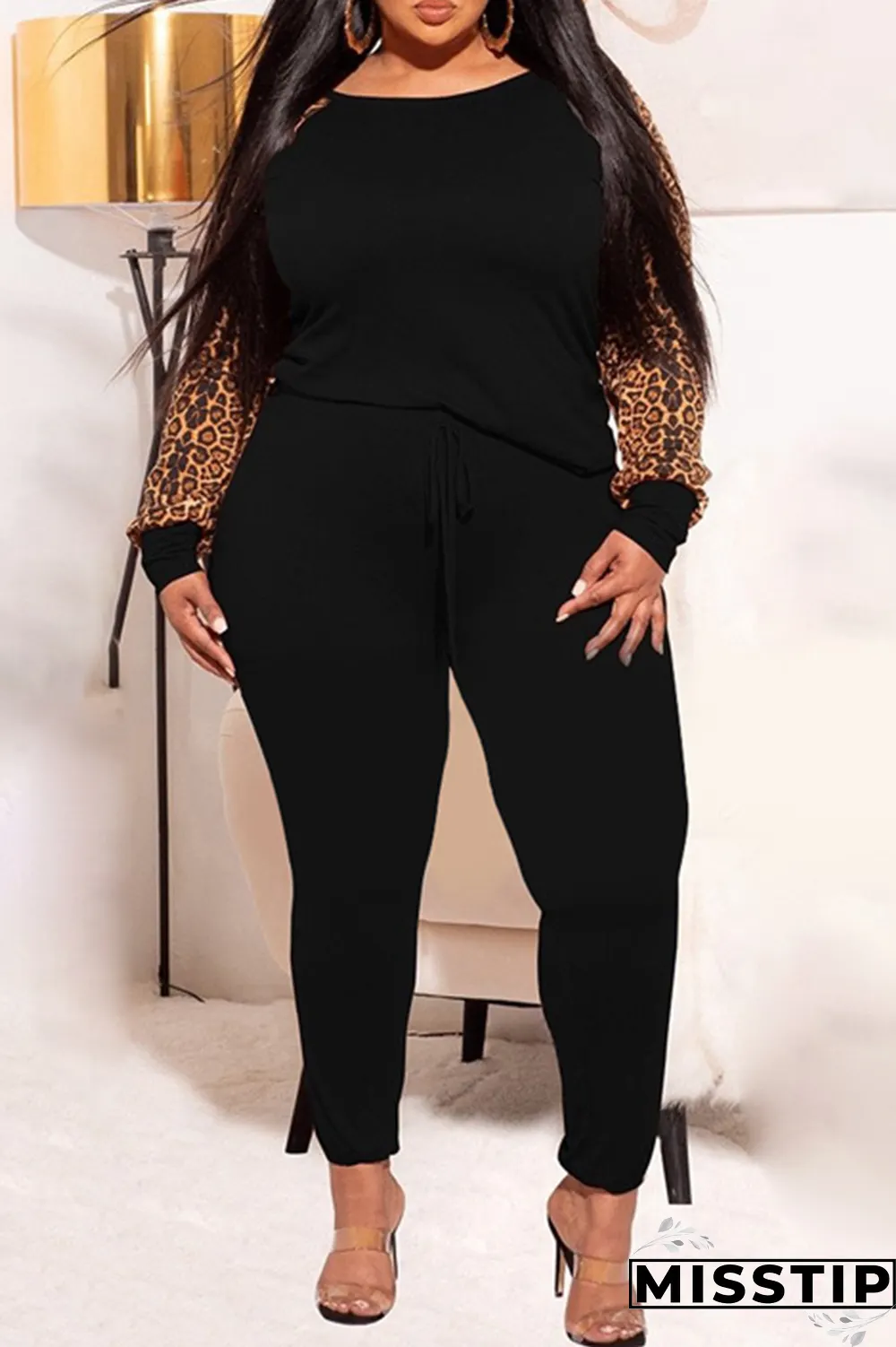 Earth Yellow Casual Leopard Patchwork O Neck Plus Size Two Pieces