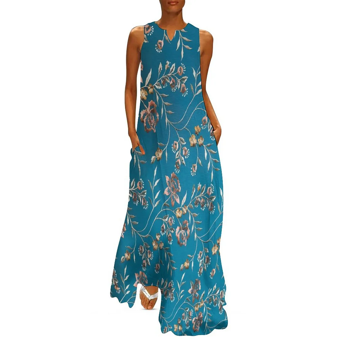 Style & Comfort for Mature Women Plus Size Printed Sleeveless Casual Women Maxi Dress with Pockets in Pattern Blue, Floral, Gray