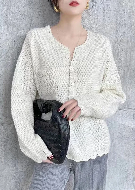 Simple Beige O Neck Hollow Out Button Patchwork Knit Top Fall