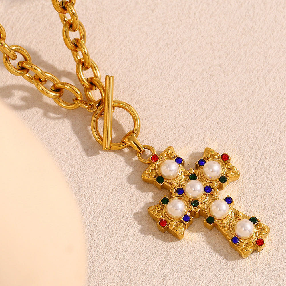 Retro Fashion Stainless Steel 18K Gold Plated Colorful Cross Necklace For Women