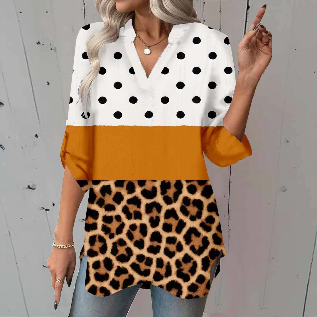 Women Polka Dot, Striped, Yellow DZGA0058 3/4 Sleeve V-neck Printed Graphic Button Tops