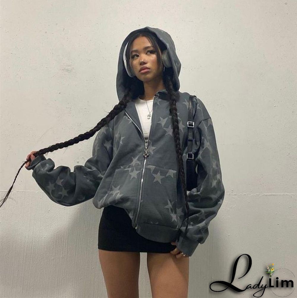 Women Star Print Zip Oversized Hoodies Jacket