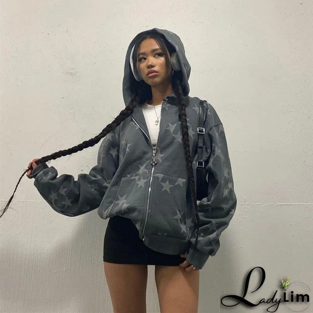 Women Star Print Zip Oversized Hoodies Jacket