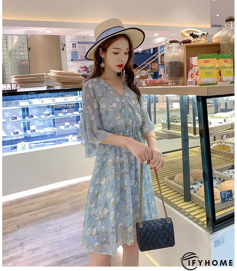 Spring Summer Chiffon Women V-Neck Floral Print Short Dresses Sweet Ruffle Sleeeve Slim Drawstring Ladies Dress | IFYHOME