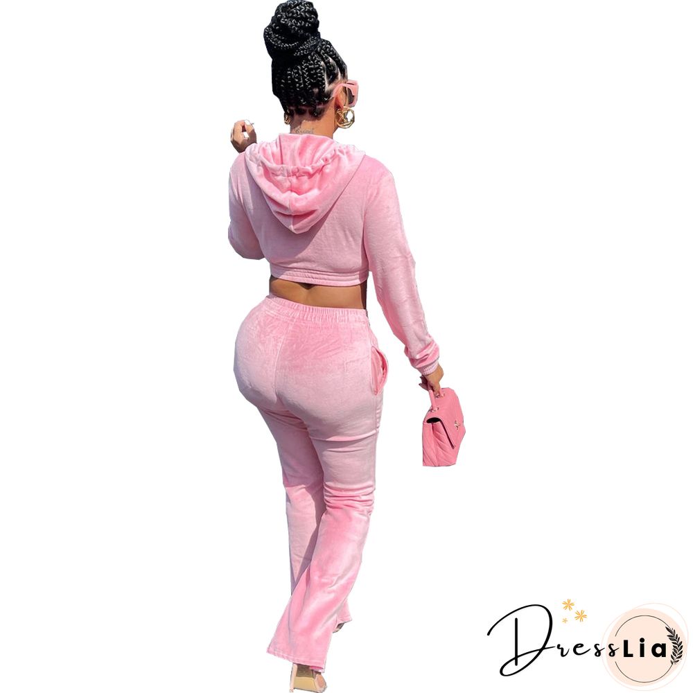 Zipper Hooded Jacket Flare Pants Velvet Two Piece Set