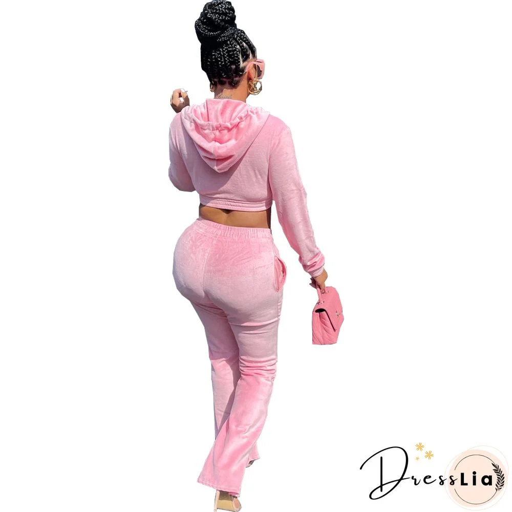 Zipper Hooded Jacket Flare Pants Velvet Two Piece Set