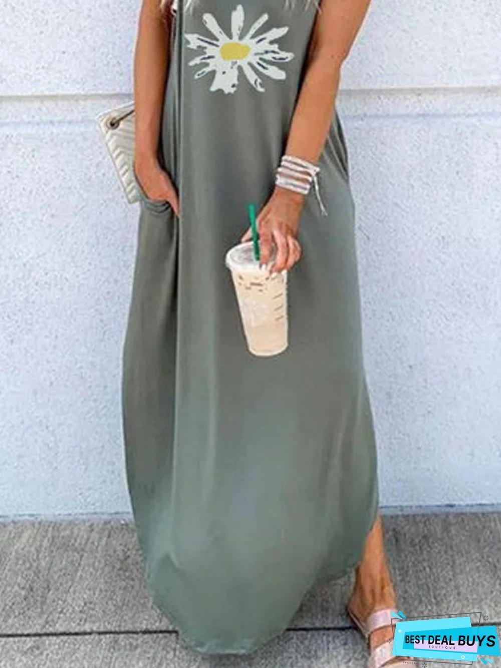 Blue Floral Sleeveless Cotton-Blend Knitting Dress