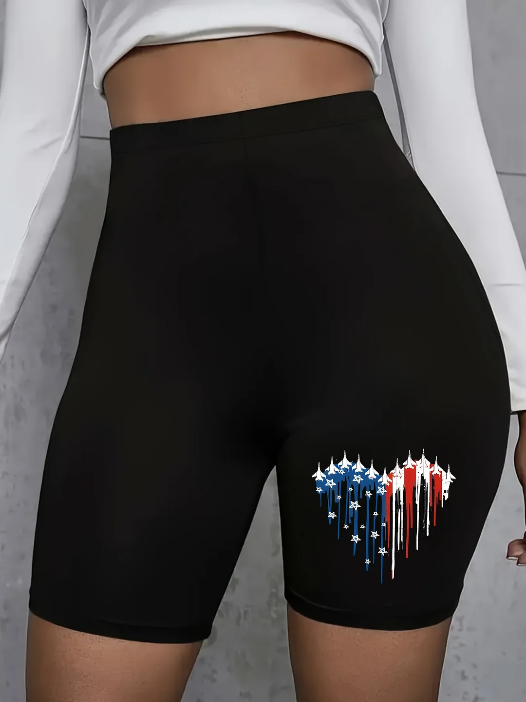 "Flag Love Heart" Printed Stretch Shorts For Women - High Waisted Leggings With American Flag Design, 95% Polyester & 5% Spandex, Medium Elasticity, Machine Washable, Perfect For Casual Wear &, Pant | IFYHOME