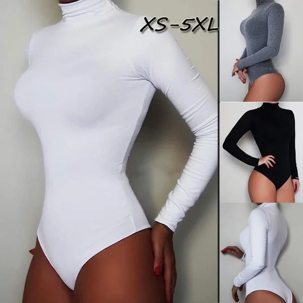 Women's Fashion Stretch Slim Rompers High Collar Sexy Tights Long Sleeve Solid Color Jumpsuit Tops
