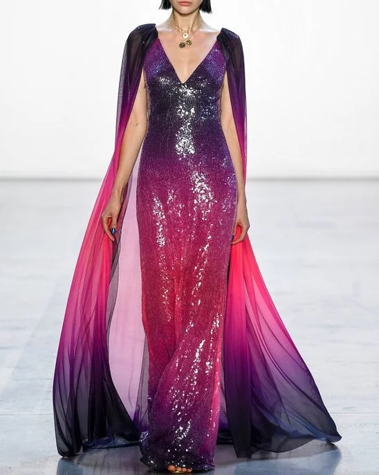 maxi dress colorful sequined chiffon cape Gown