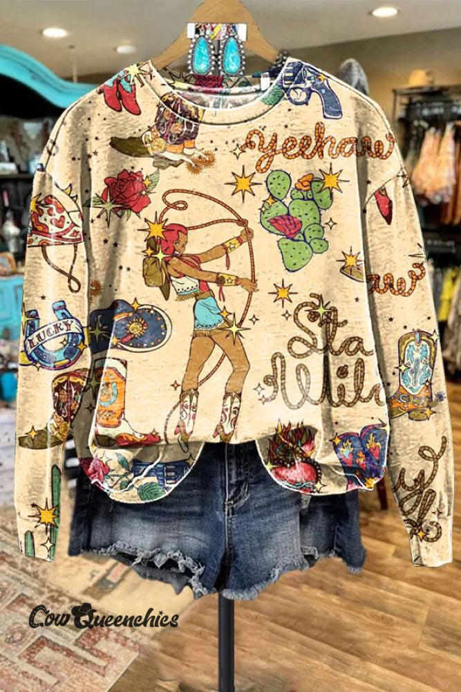 Cartoon Cowgirl Art Print Casual Sweatshirt Multicolor / S