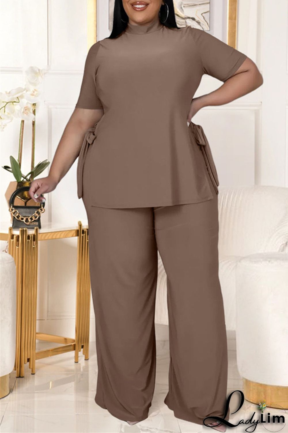 Black Fashion Casual Solid Bandage Slit Turtleneck Plus Size Two Pieces