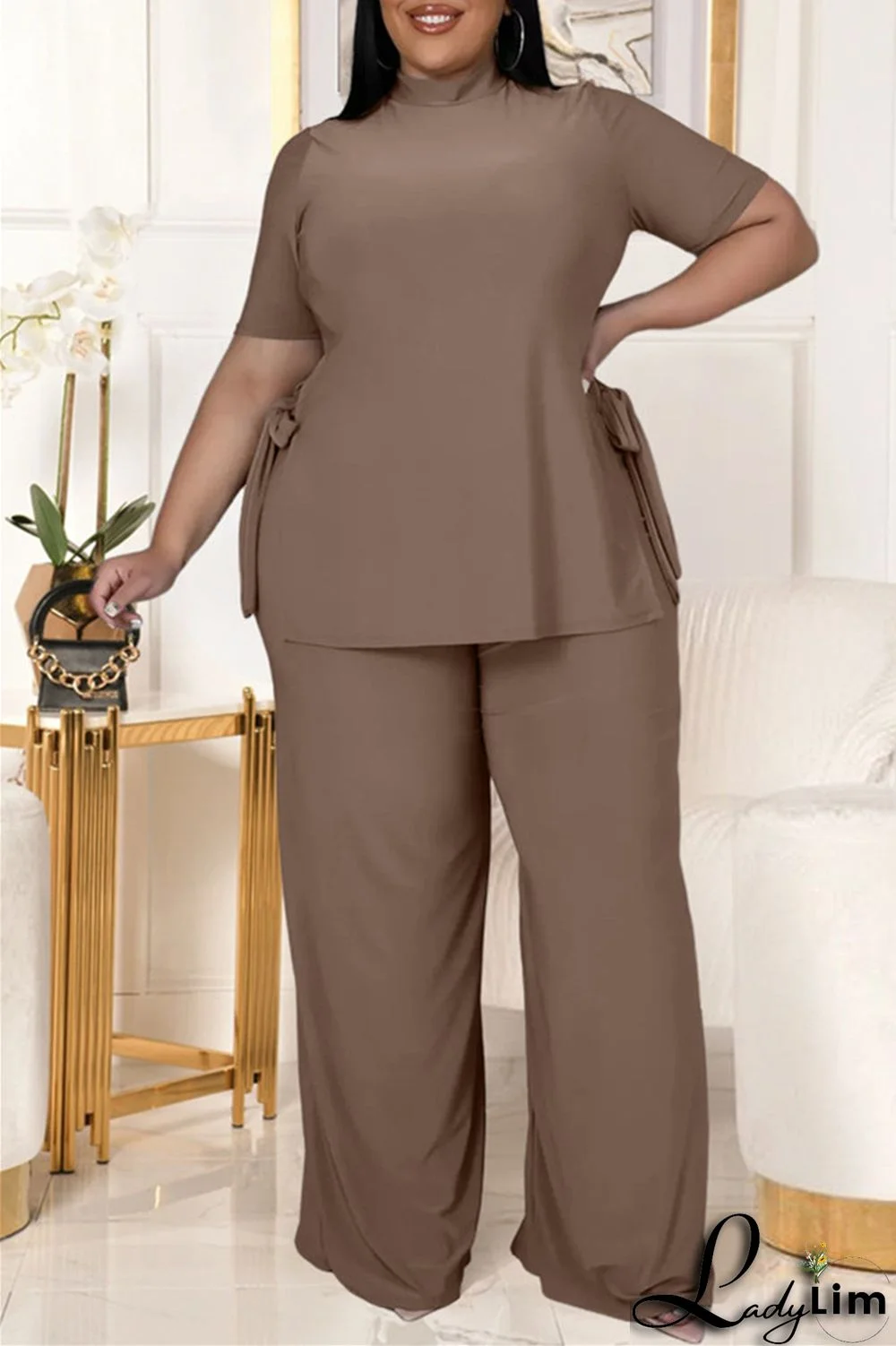 Black Fashion Casual Solid Bandage Slit Turtleneck Plus Size Two Pieces