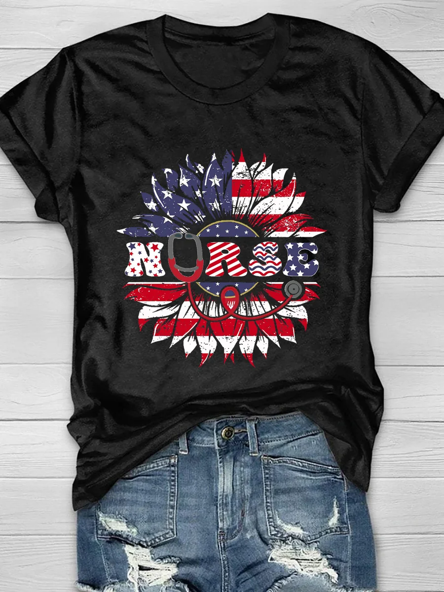 Nurse Flag Design Sunflower Short Sleeve T-Shirt