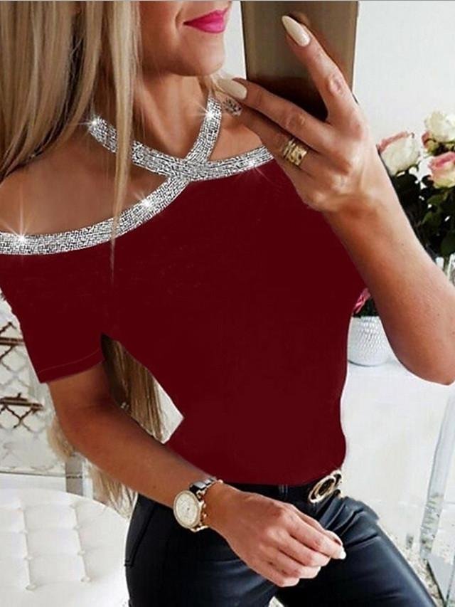 Women's T Shirt Solid Colored Round Neck Tops Basic Top Black Wine Royal Blue-830