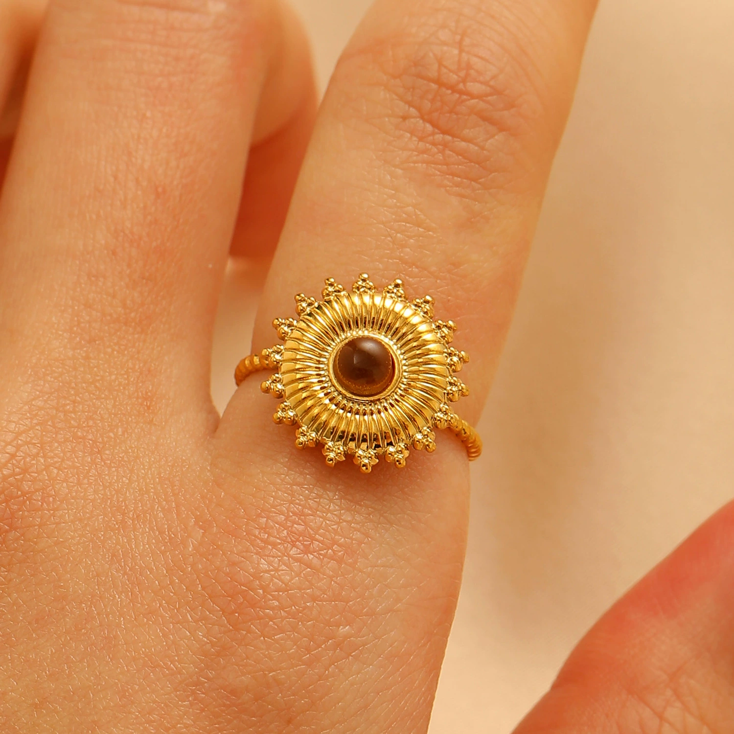 Turquoise/Tiger Eye Gold-Plated Open End Ring