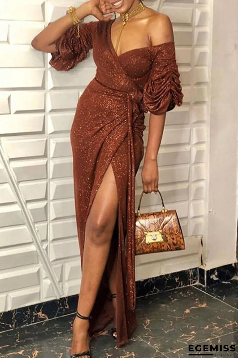 Caramel Colour Sexy Solid Patchwork V Neck Evening Dress Dresses | EGEMISS