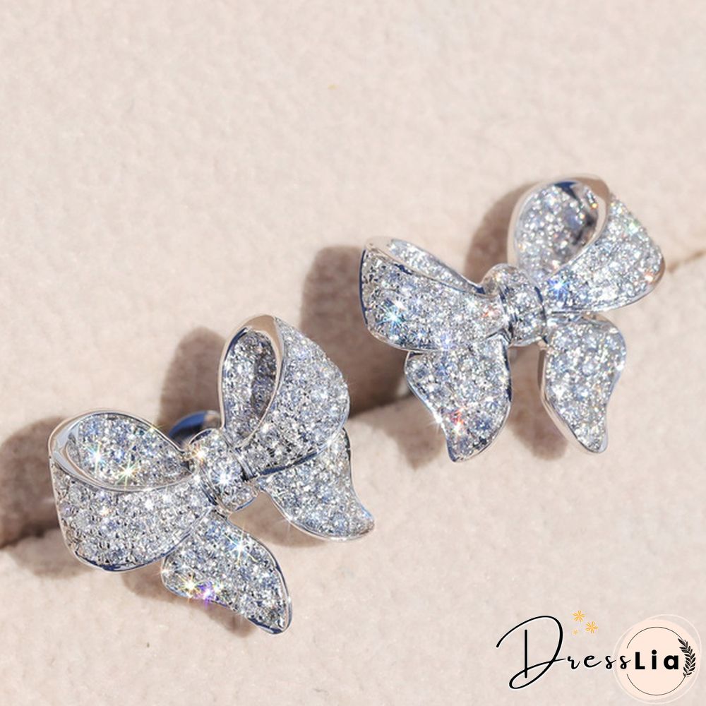 High Quality 925 Sterling Silver Earrings Wedding Bow Earrings White Sapphire Cute Earrings for Women
