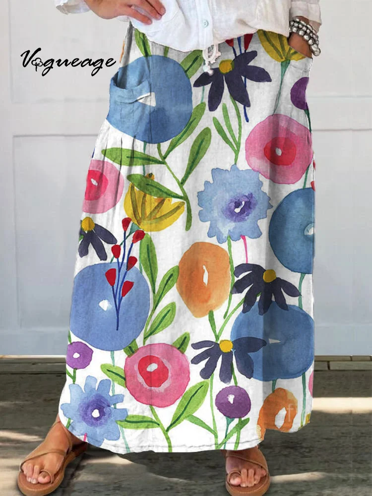 Watercolor Plants And Flowers Printed Women's Casual Cotton And Linen Skirt