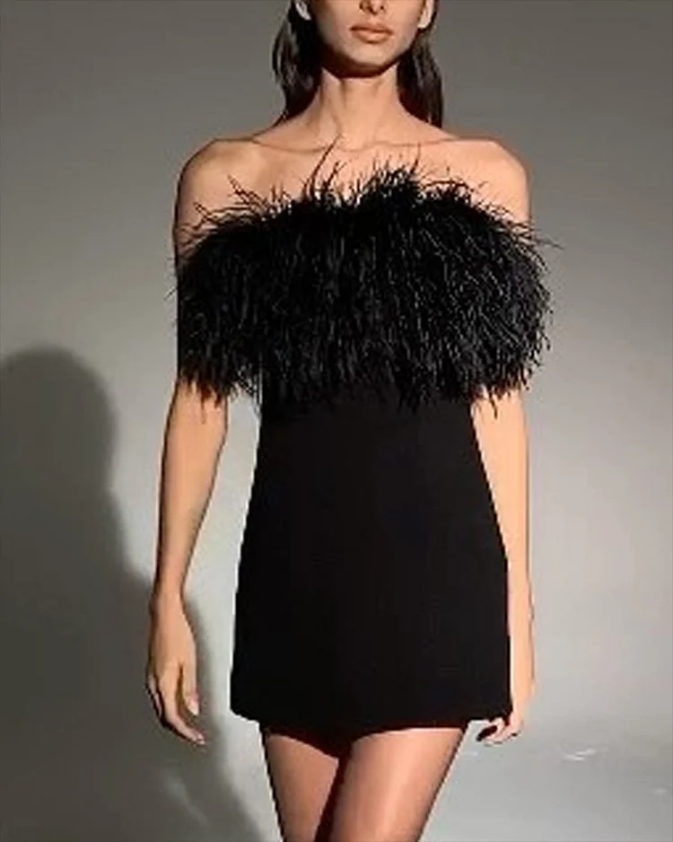 Women's Tube Top Solid Color Feather Mini Dress