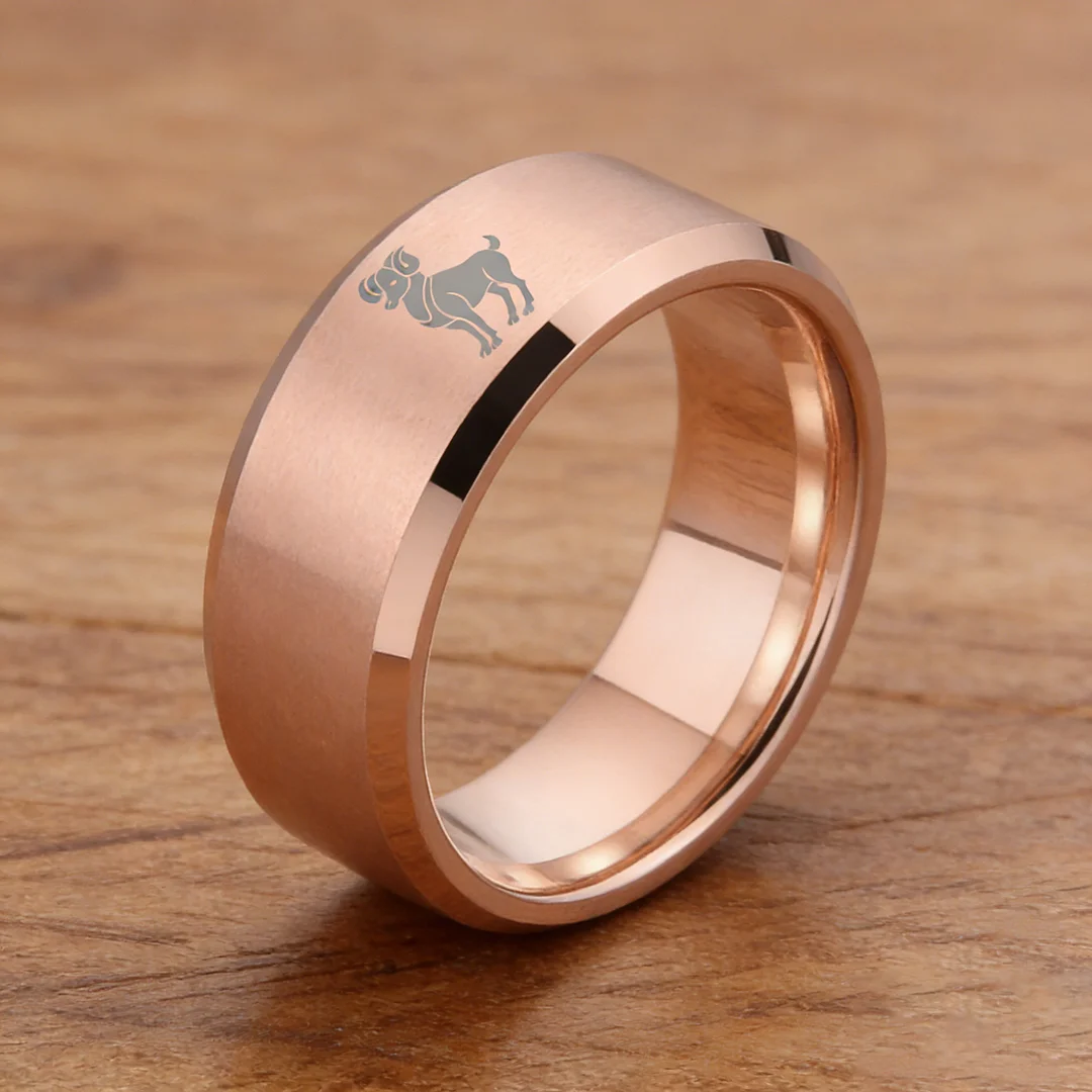 Beveled Edges Laser Etched Tungsten Carbide Rings Rose Gold Aries Couple Wedding Bands 4MM 6MM 8MM