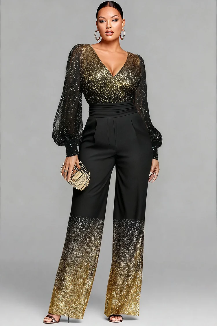 Xpluswear Design Plus Size Cocktail Party Black Gradient V Neck Long Sleeve Pocket Elegant Sequin Jumpsuits 2024 - Xpluswear
