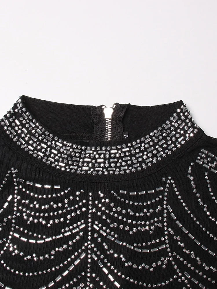 Tlbang Elegant Spliced Diamonds Two Piece Sets For Women O Neck Long Sleeve Short Tops High Waist Skirt Sexy Set Female