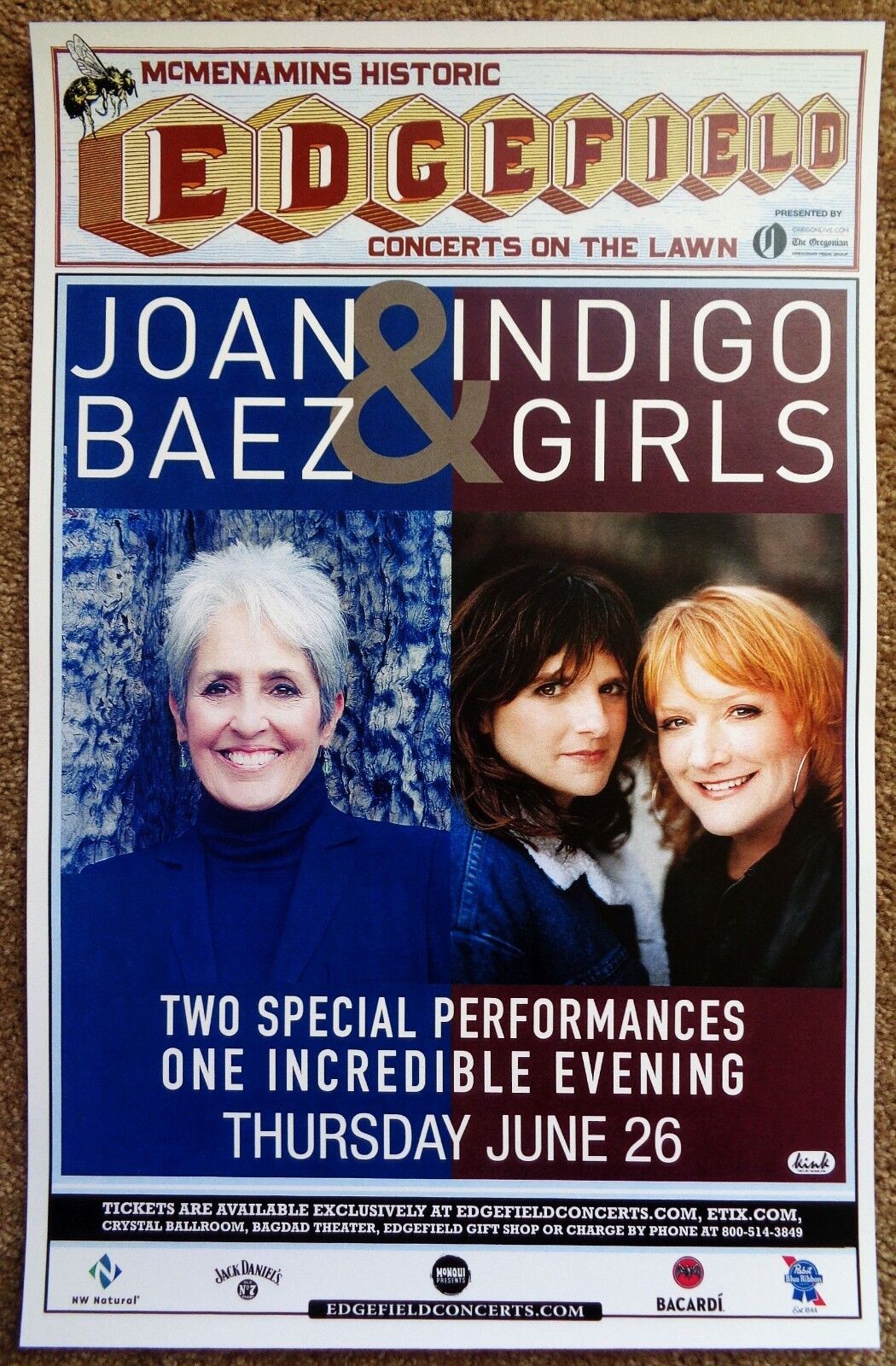 JOAN BAEZ / INDIGO GIRLS 2014 Gig POSTER Edgefield Portland Oregon Concert