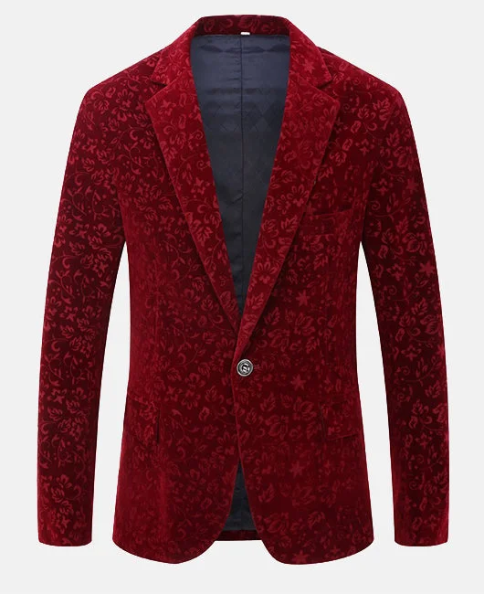 Glamorous Burgundy Jacquard  Lapel Collar One Button Blazer