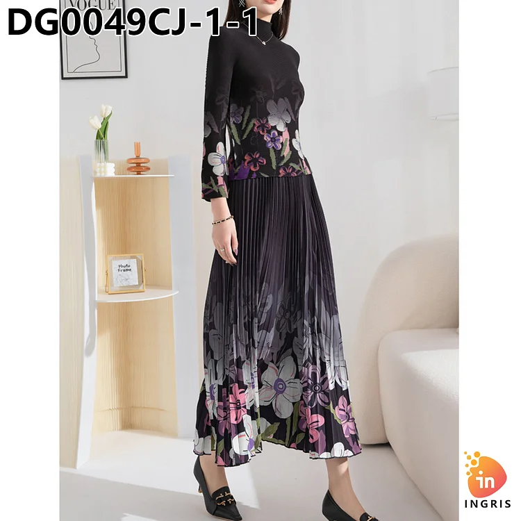High Quality 2024 Pleated Print Clothing Casual Style Women's 2 Piece Long Sleeve Shirt Extended Pleated Skirt Set-DG00049CJ