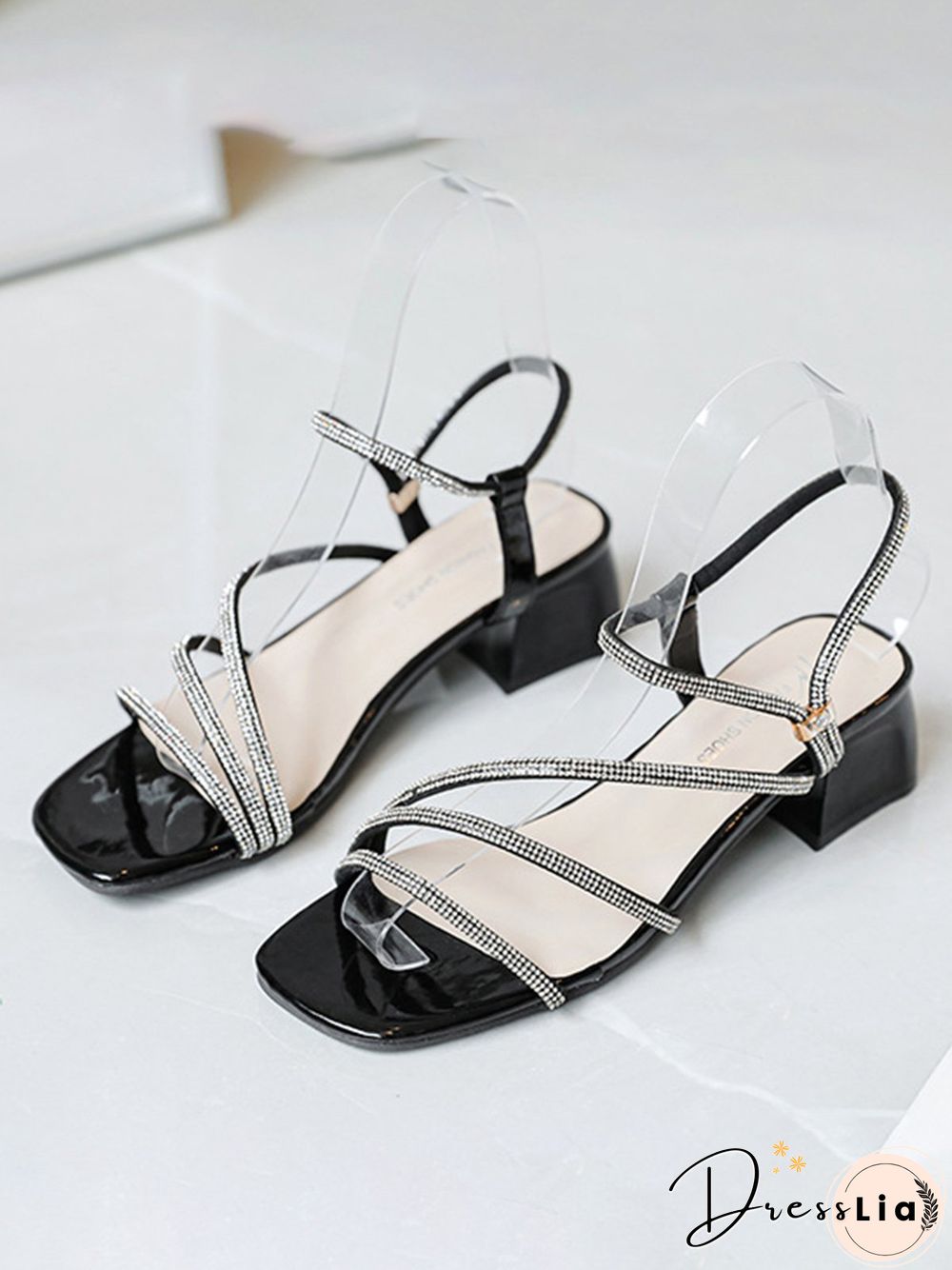 Rhinestone Thin Strap Chunky Heel Sandals
