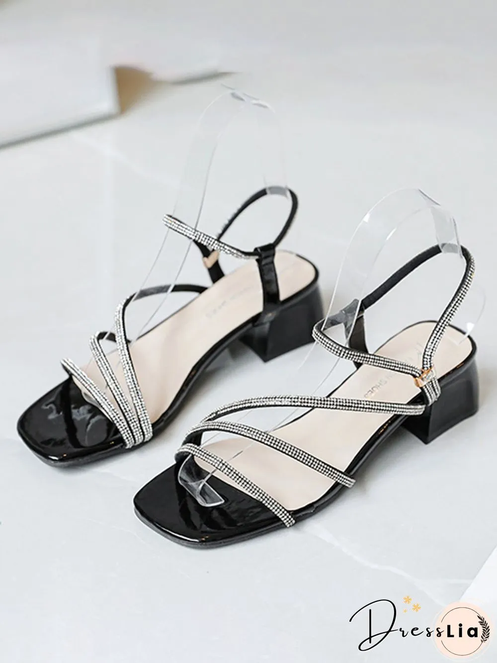 Rhinestone Thin Strap Chunky Heel Sandals